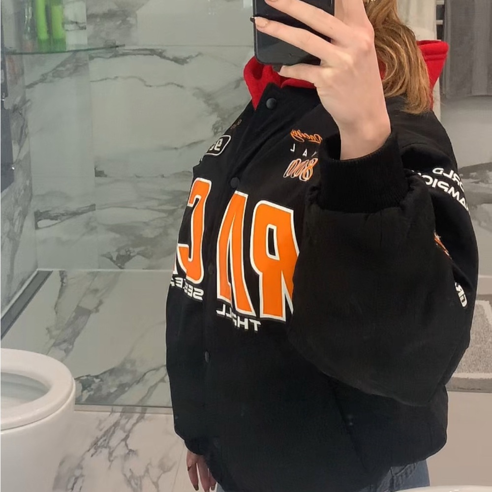 H&M Black and Orange Racecar Varsity Jacket